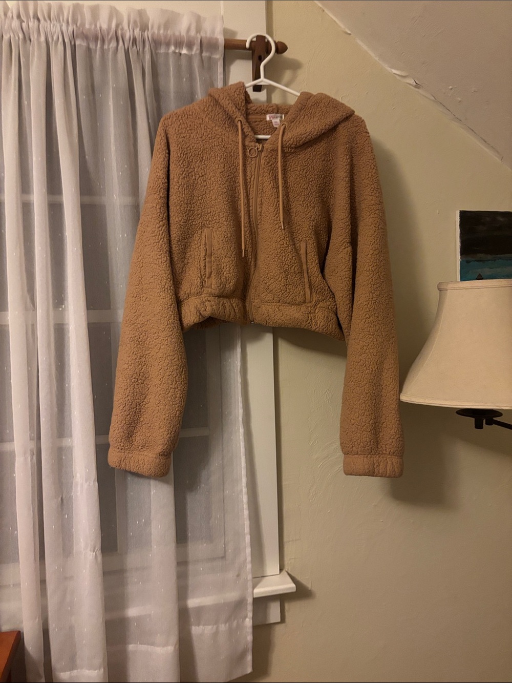 Cropped Sherpa Zip Hoodie Sweater - Tan